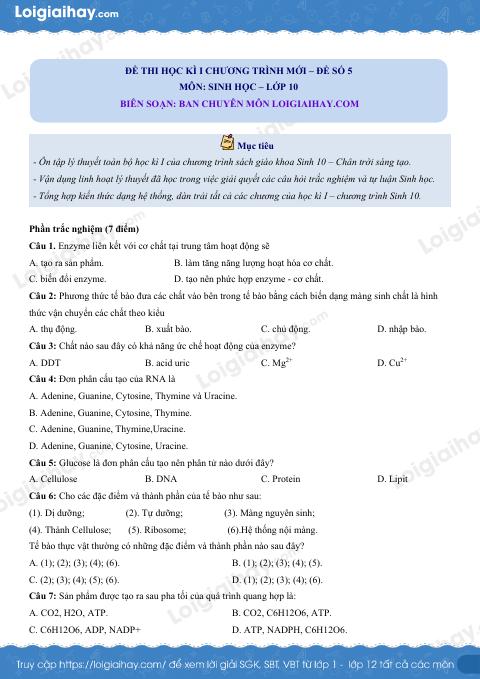 Đề thi học kì 1 Sinh 10 Chân trời sáng tạo - Đề số 5